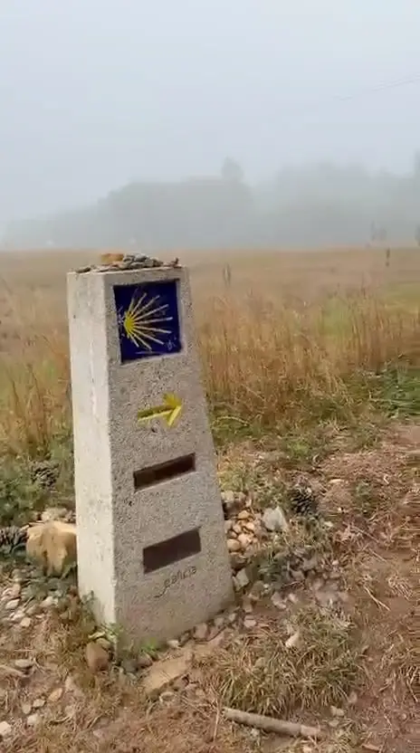 Un mojón con la concha y la flecha amarilla, con las piedras que van dejando los peregrinos encima.